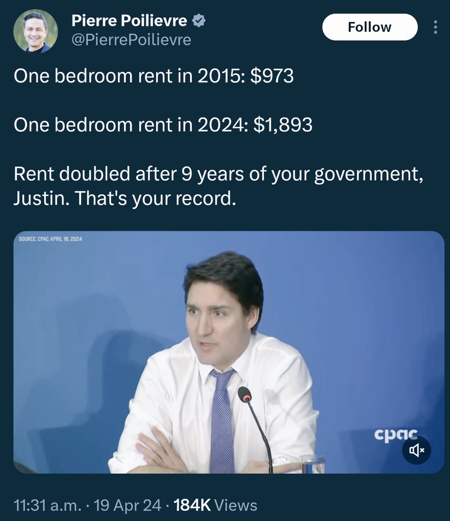 If this son of a bitch wants to be PM, shouldn't he at least know what constitutes PROVINCIAL jurisdiction? Rent is provincial In fact, Doug Ford ended rent control and prices skyrocketed That increase Pierre Poilievre points out... that's CONSERVATIVE POLICY #cdnpoli #onpoli