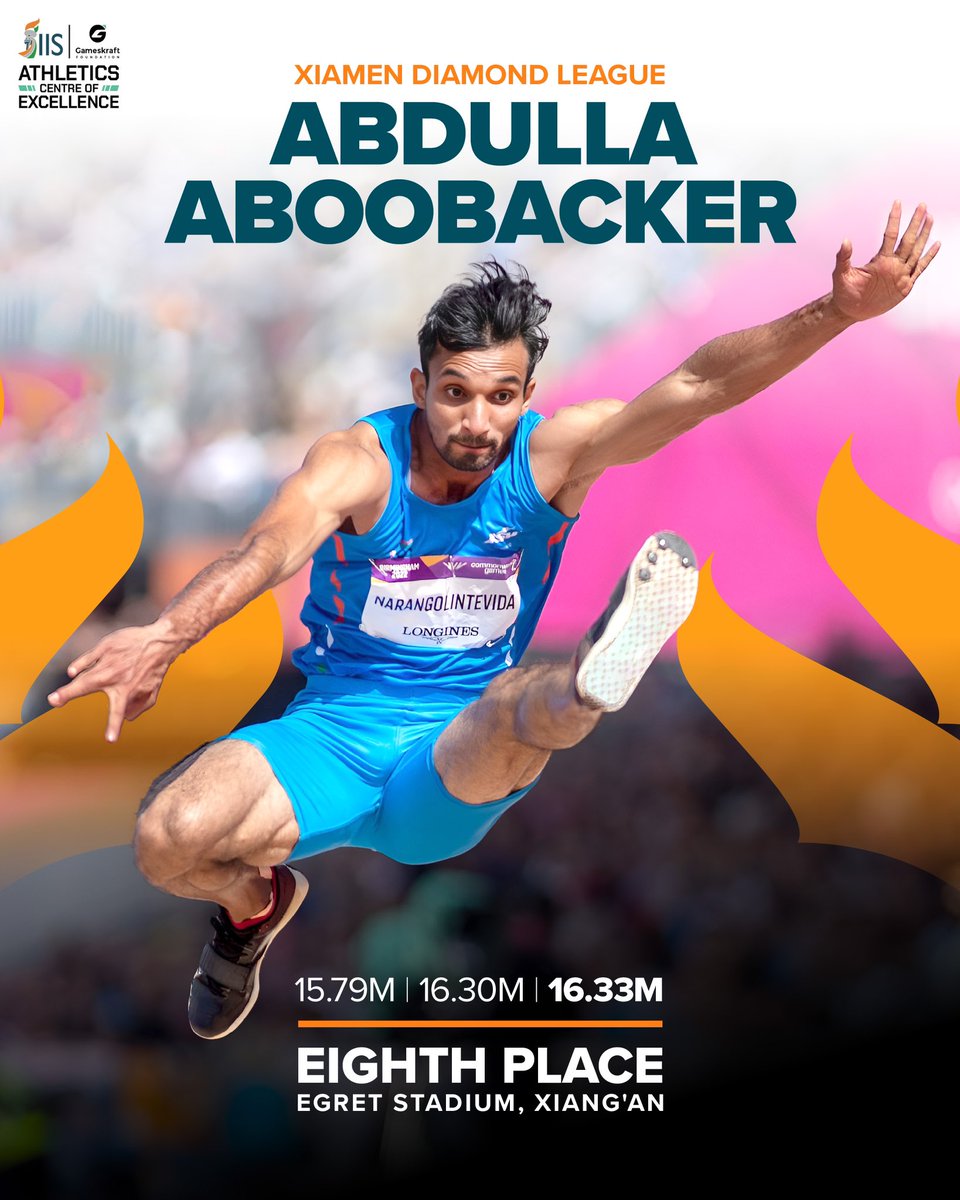 #TeamIIS Triple Jumper Abdulla Aboobacker manages a best leap of 16.33m at the #XiamenDL. Onwards and upwards! ⚡️ #CraftingVictories 🇮🇳 #WandaDL