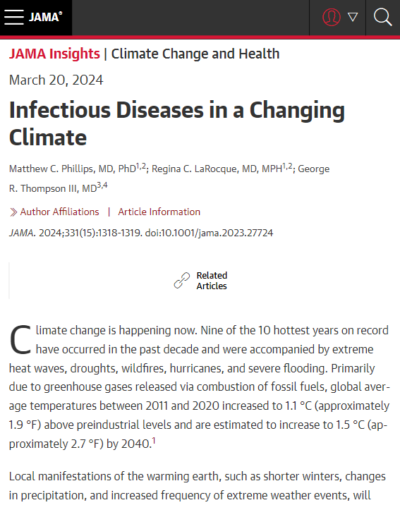 Climate Change and Health Insights article discusses the importance of clinicians having awareness of changes in geographic range, seasonality, and intensity of transmission of infectious diseases to help diagnose, treat, and prevent these diseases. ja.ma/3JkHcaN