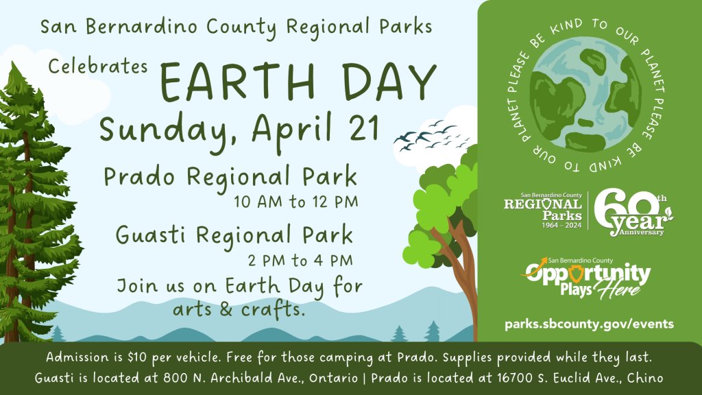 Join Regional Parks at Cucamonga-Guasti and Prado Regional Park on Sunday, April 21 to celebrate Earth Day with arts & crafts! 🌎 💚 Check out more activities in SB County: bit.ly/3xKiUEI #earthday2024 #earthday #protecttheplanet #happyearthday