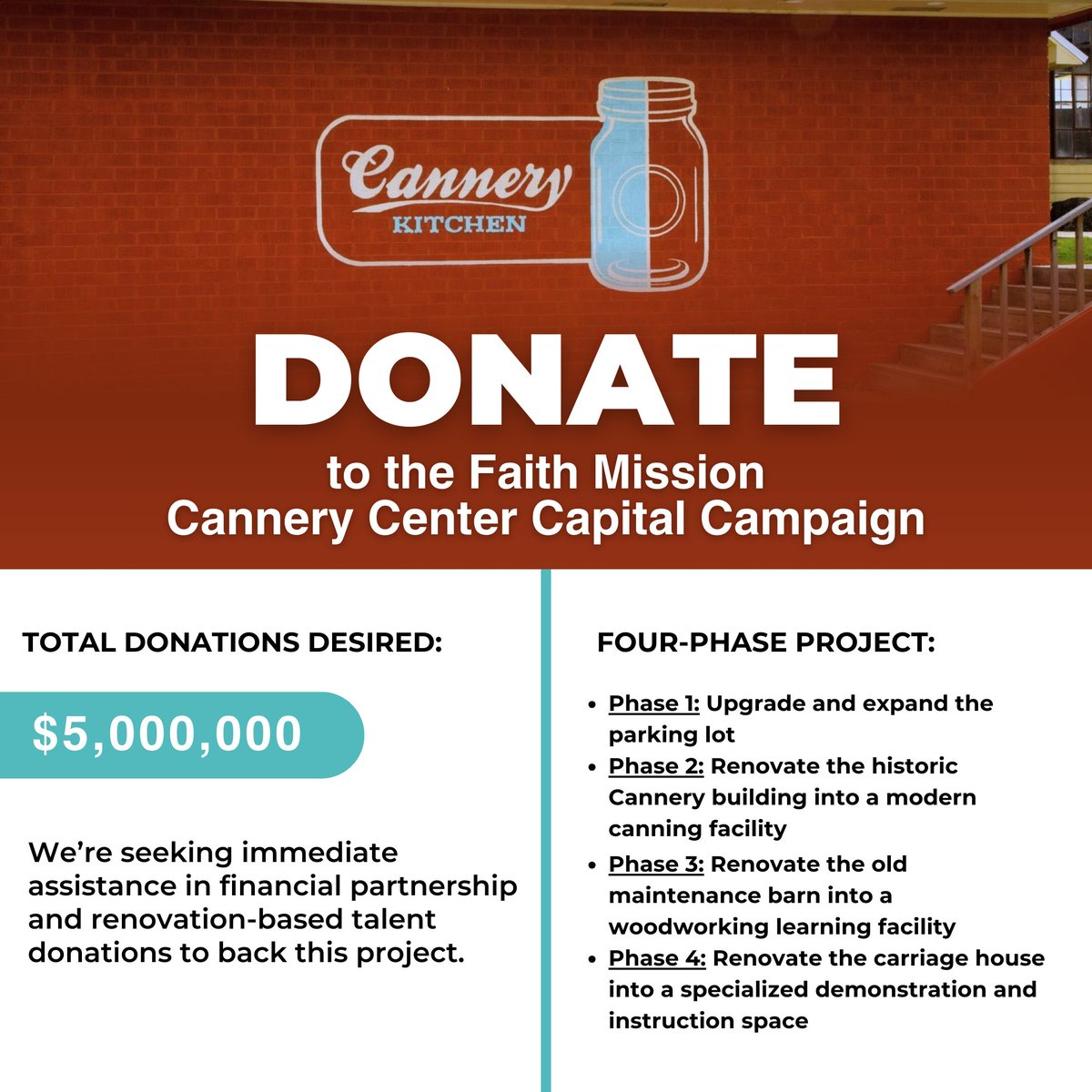 We are embarking on an ambitious journey to transform our community through the Faith Mission Cannery Center Capital Campaign! Be a part of this transformative campaign by contributing financially or lending your talents today! 💻Donate now at faithmission.us/#donate.