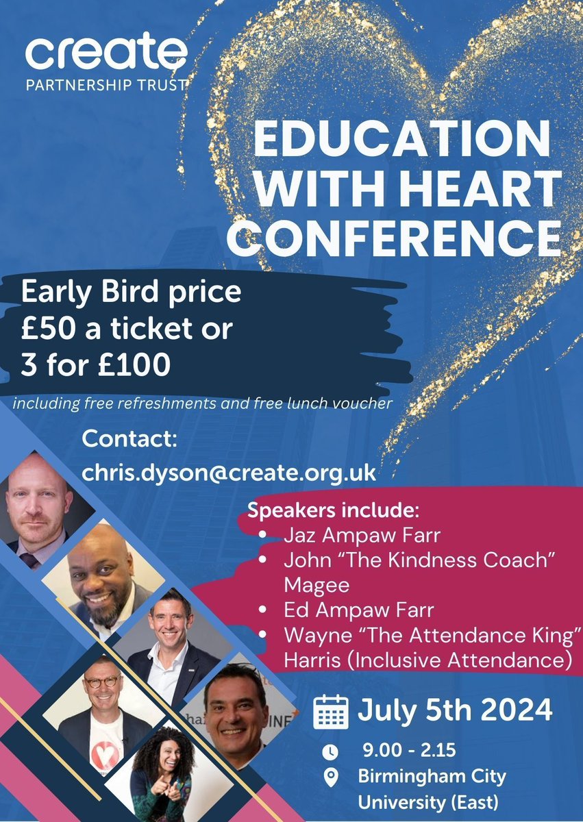 EXCLUSIVE INVITE Fri July 5th (9- 2.15) at the beautiful Birmingham City University, join us for our Education with Heart Conference. Featuring @jazampawfarr @KindnessCoach_ @IncAttendance(Wayne Harris) @chrisDysonHTand #MarkUnwin and #EdAmpawFarr Free lunch and refreshments!