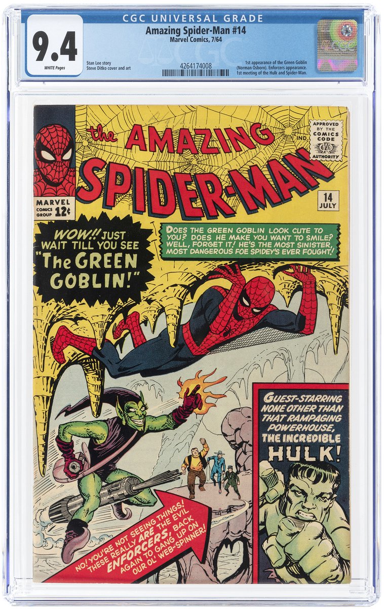 SOLD FOR $38,615! This @CGCcomics 9.4 Amazing @SpiderMan #14 set a record at Hake's! The debut of Spidey baddie The Green Goblin drew bidders, beating the old sales record by nearly $10,000! Contact us to sell your comics today! 🕸️🕷️🕸️ #SpiderMan #GreenGoblin #comics #collector