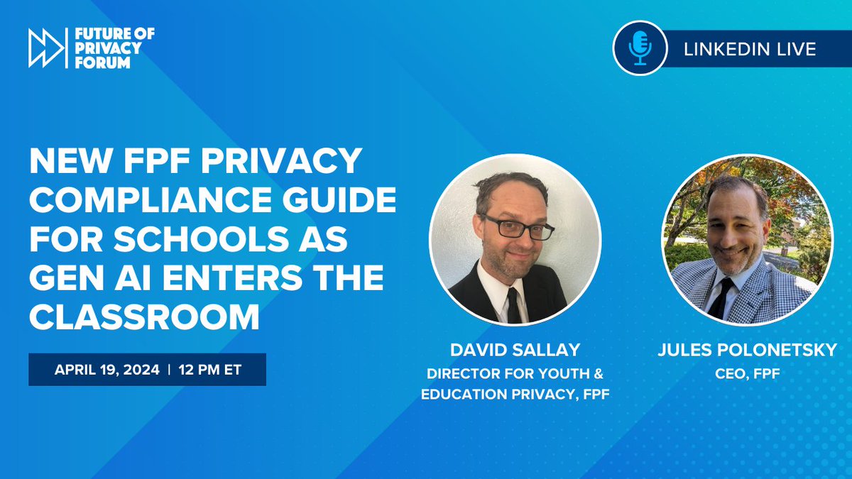 futureofprivacy's tweet photo. ICYMI: Our latest #PrivacyChat covered the growing adoption of #AI in schools and how they can ensure the tech they are using is compliant with federal and state privacy laws.
Listen or watch on Spotify or @youtube! 🎧📺⬇️
https://t.co/Kwr8La0lHi
https://t.co/ktjAvDVk7e https://t.co/4js4cWEQOc