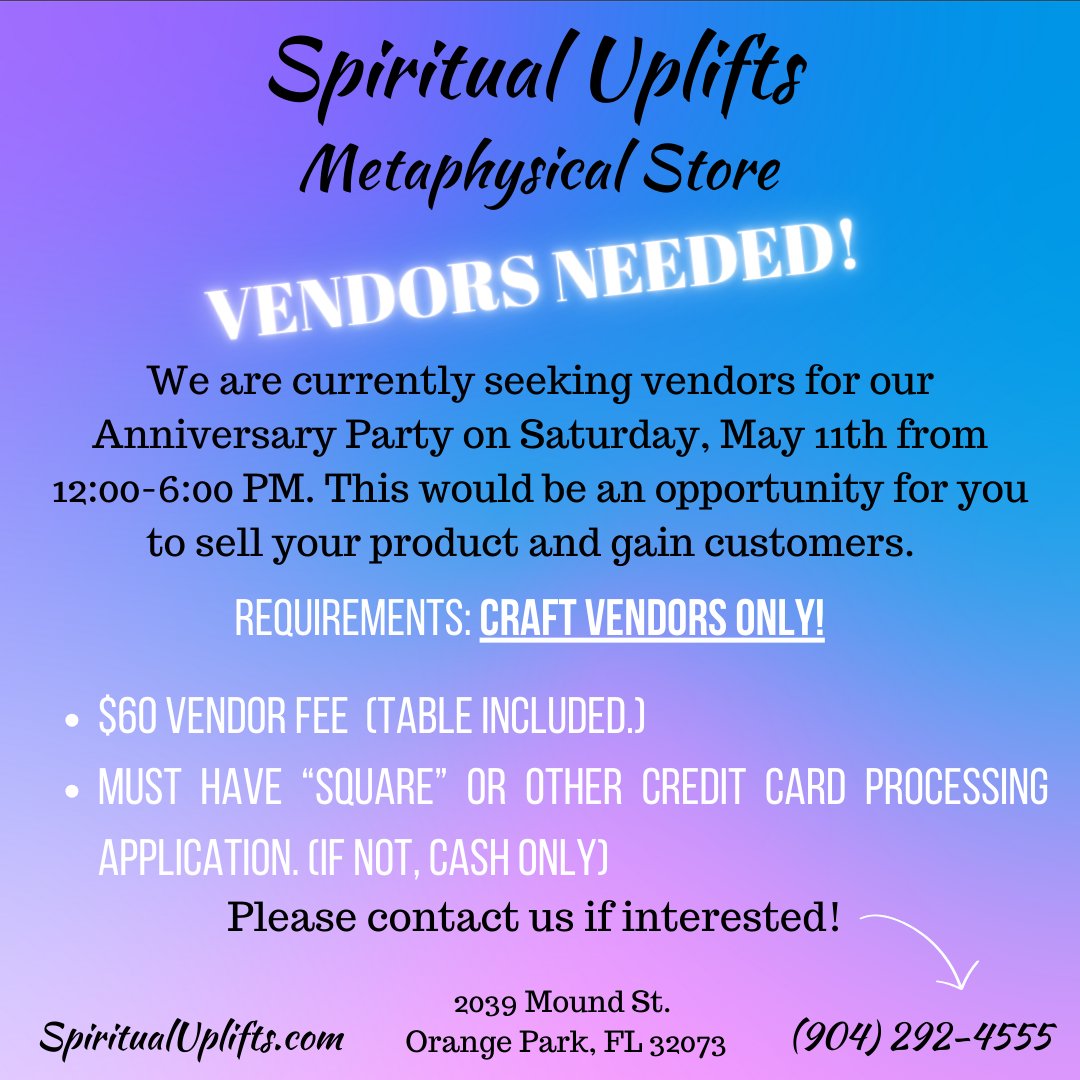 We are currently seeking vendors for our upcoming Anniversary Party. If interested, please contact us at (904) 292-4555! We hope to see you there! #spiritual #healing #metaphysicalstore #vendorsneeded #vendors