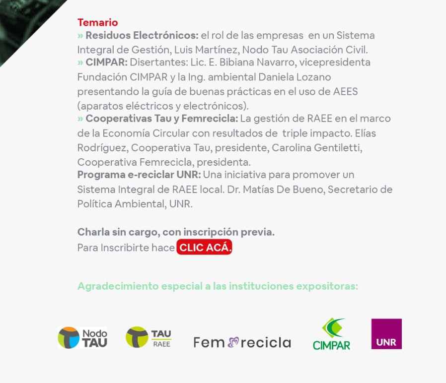 Compartimos esta invitación de Cooperativas TAU y Femrecicla, quienes estarán allí compartiendo sus experiencias en la gestión de RAEE.
Inscripción en el link forms.gle/yxna4jXqEyVAL4…

#RAEE #WEEE #Rosario #Santafe #tripleimpacto #economiacircular #gestionderesiduos