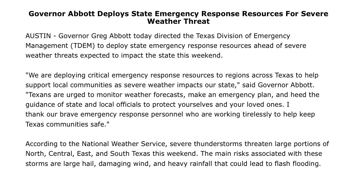 Directing @TDEM to deploy emergency response resources to support local communities as severe weather impacts our state. Thank you to our brave emergency response personnel who are working tirelessly to help keep Texas communities safe. Learn more: bit.ly/3xIzxAC