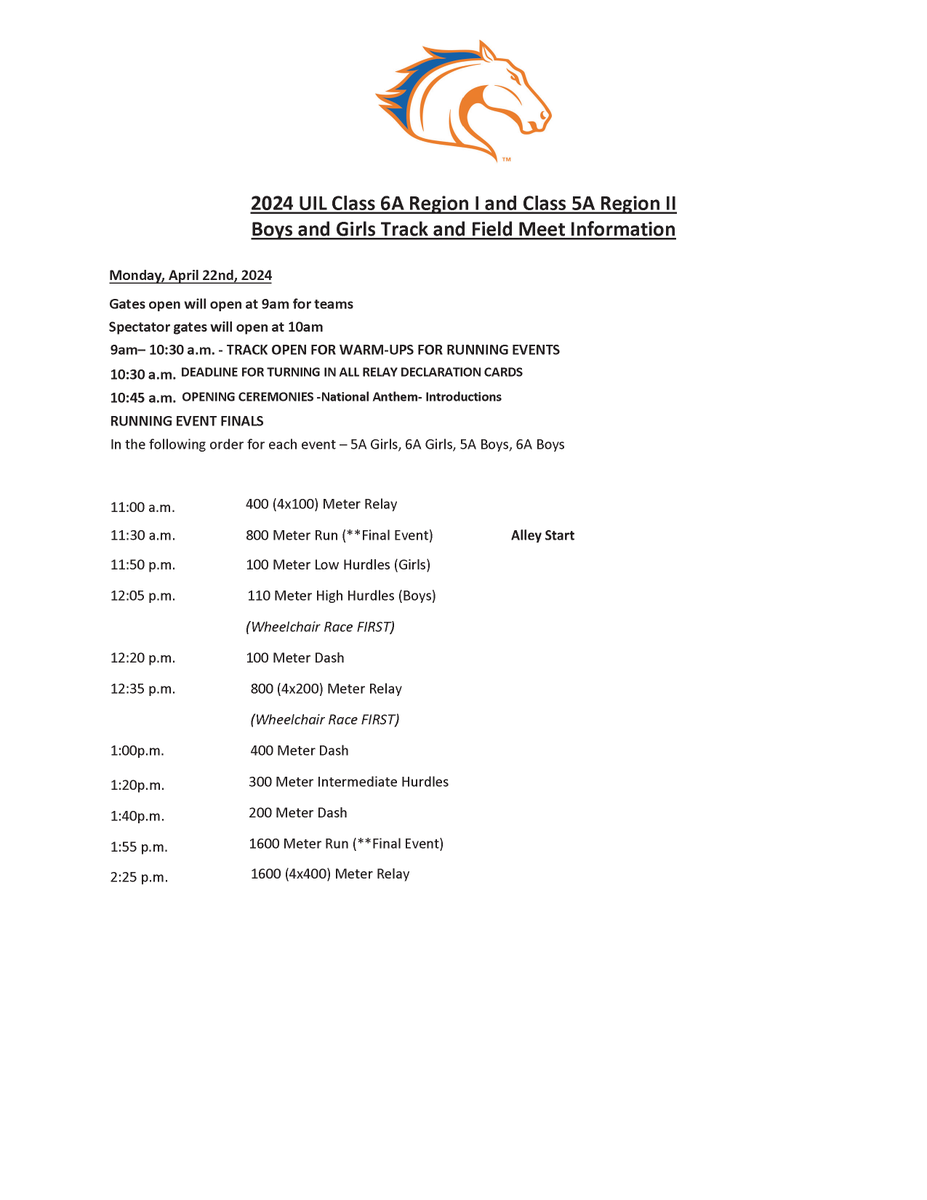 Due to the weather conditions today, the final day of the 2024 UIL Regionals will be moved to Monday! Below is the schedule for Monday 👇