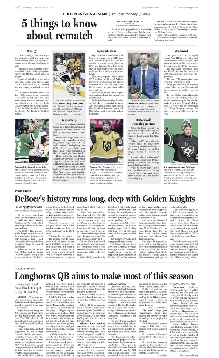 Lots of Stars content in today’s @SportsDayDFW… From @TimCowlishaw on the playoff grind: dallasnews.com/sports/stars/2… From me on the Golden Knights series: dallasnews.com/sports/stars/2… From me on Pete DeBoer’s history in Vegas: dallasnews.com/sports/stars/2…