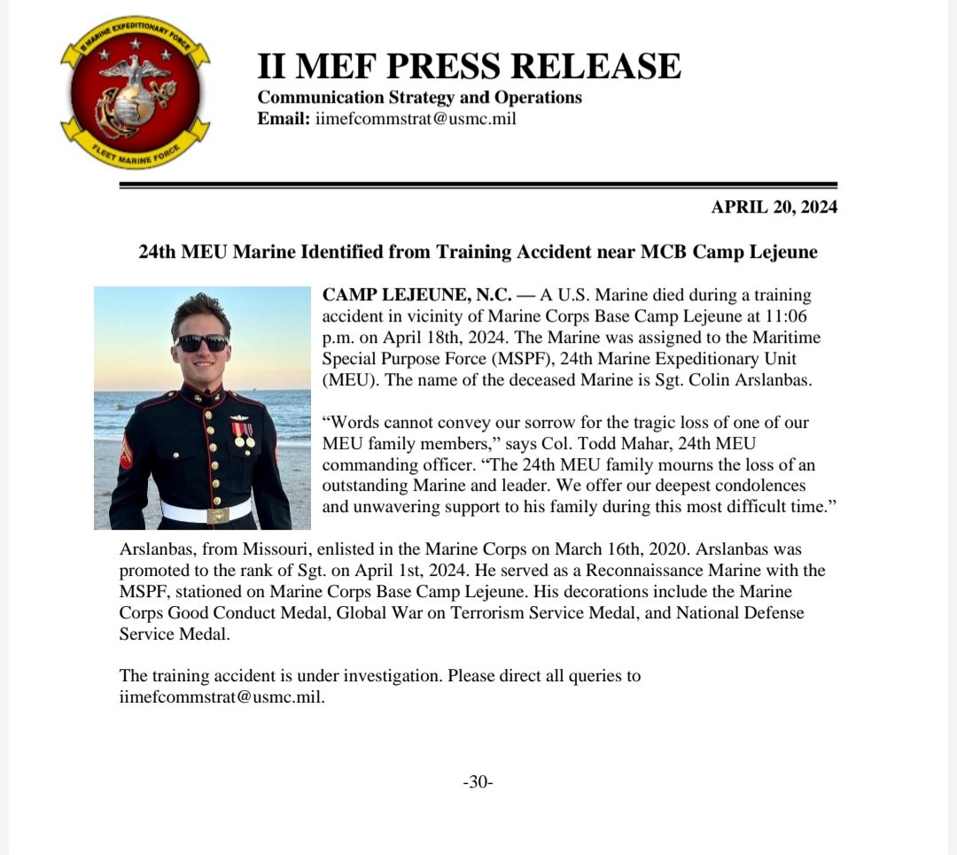 For Immediate Release: 24th Marine Expeditionary Unit Marine identified from training accident near MCB Camp Lejeune. Full press release below.
