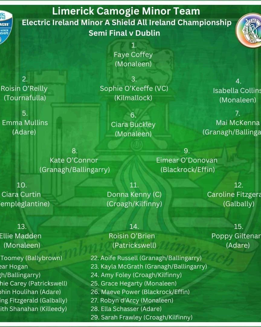 Tomorrow @limerick_camogie U18s play in the All Ireland Minor A Shield Semi final vs Dublin at 2pm in the Ragg, Co.Tipperary . Wishing our club players Faye Coffey, Bella Collins, Ciara Buckley, Ellie Madden, Grace Hegarty and Robyn d'Arcy the very best of luck. Luimneach abú🇳🇬