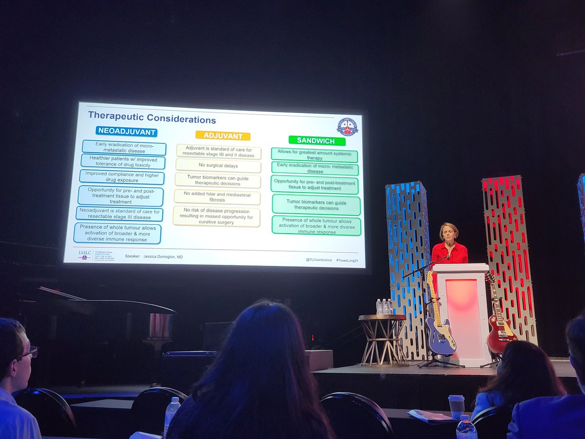 Always enjoy hearing @jdoningtonmd speak, today discussing surgical evaluation and adjuvant IO therapy in resectable NSCLC at #TexasLung24. From the mouth of a surgeon - surgery alone doesn't cure the majority of pts! Need systemic therapy to enhance chances of cure!