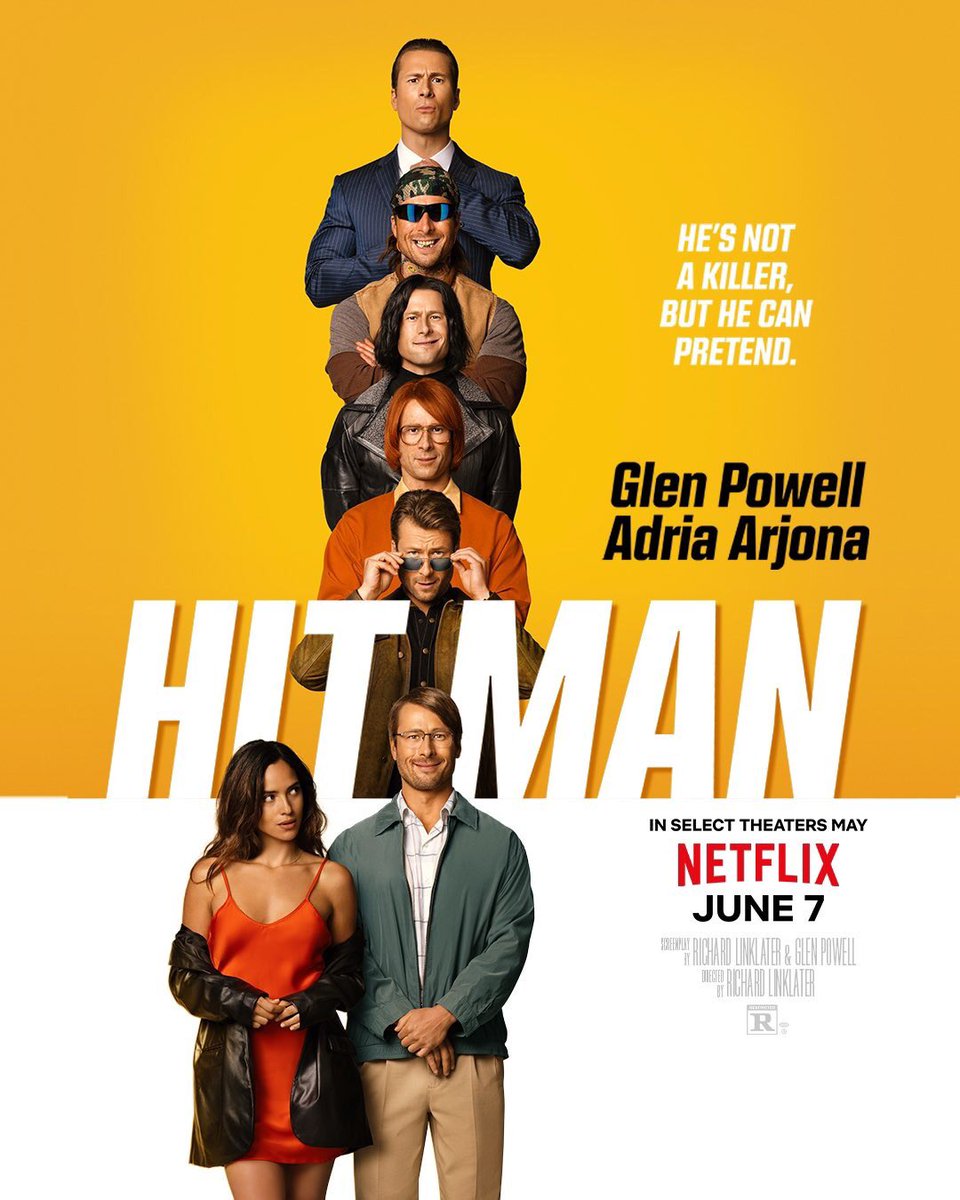 Hit Man poster. #TheActionReturns #TheActionReturnsPodcast #TheHorrorReturns #TheHorrorReturnsPodcast #THRPodcastNetwork #Action #ActionMovies #ActionFilms #ActionTelevision #ActionSeries #ActionMoviePodcast #HitMan #GlenPowell #RichardLinklater #Netflix