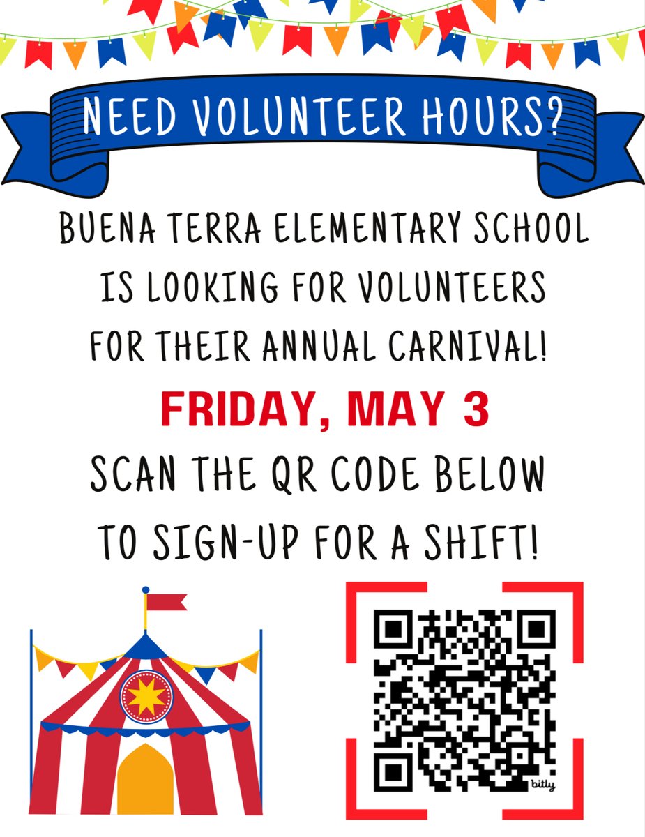 Hey, Irish! Buena Terra Elementary is looking for volunteers for their annual carnival on Friday, May 3. Student volunteers will help supervise inflatable jumpers and run carnival games. Scan the QR code to sign up today! #KHigh4Life #EngageEducateEmpower