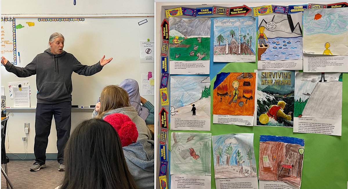 paulgreci's tweet photo. I loved my recent visit to Denali Elementary School Thanks for hosting me. I had a great time talking with students.  They  created an amazing wall of art in response to reading Surviving Bear  Island. @charlesbridge @MoveBooks @MacKidsBooks @fnsb https://t.co/mFff9ITPgD
