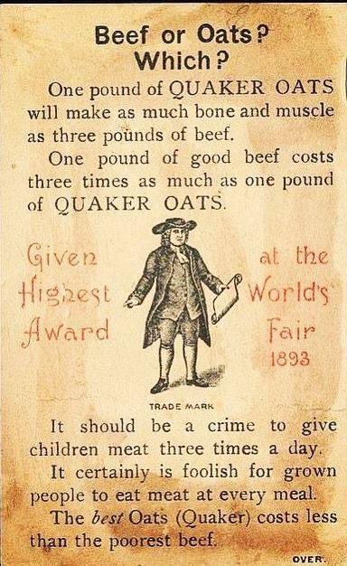 PaulHShapiro's tweet photo. 19th century Quaker Oats ad. 

🥣 > 🥩 https://t.co/BtGmvWqaTO