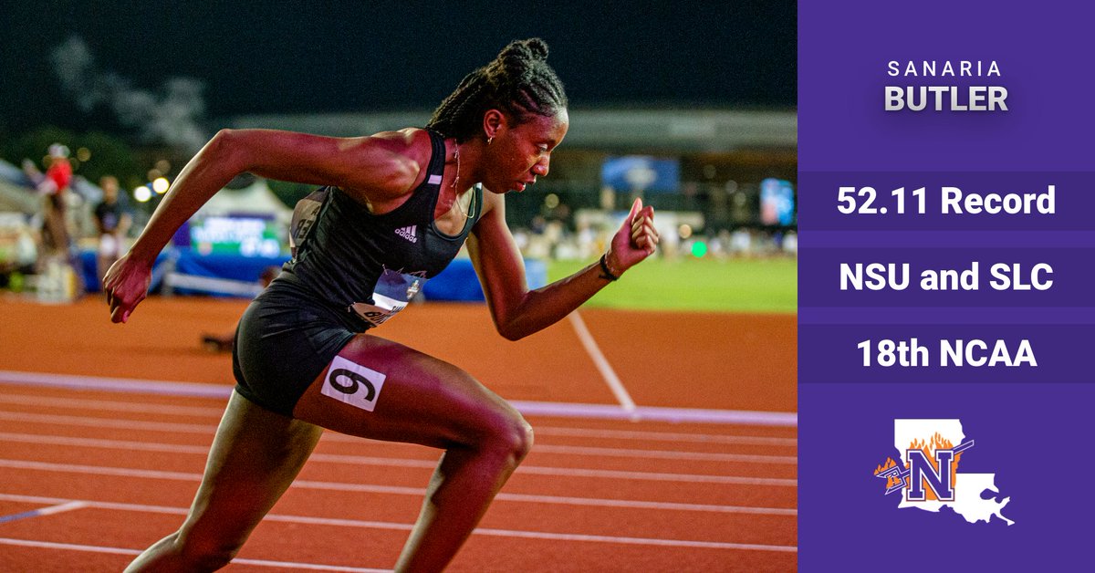 NSU Demons Track (@nsudemonstf) on Twitter photo NSU RECORD !!!!
<a href="/Sanariabutler/">Sanaria Butler</a> broke her own NSU Record as well as the Southland Conference record in the 400 meter dash. She has moved to 18th in the NCAA. NSU RECORD !!!!
<a href="/Sanariabutler/">Sanaria Butler</a> broke her own NSU Record as well as the Southland Conference record in the 400 meter dash. She has moved to 18th in the NCAA.