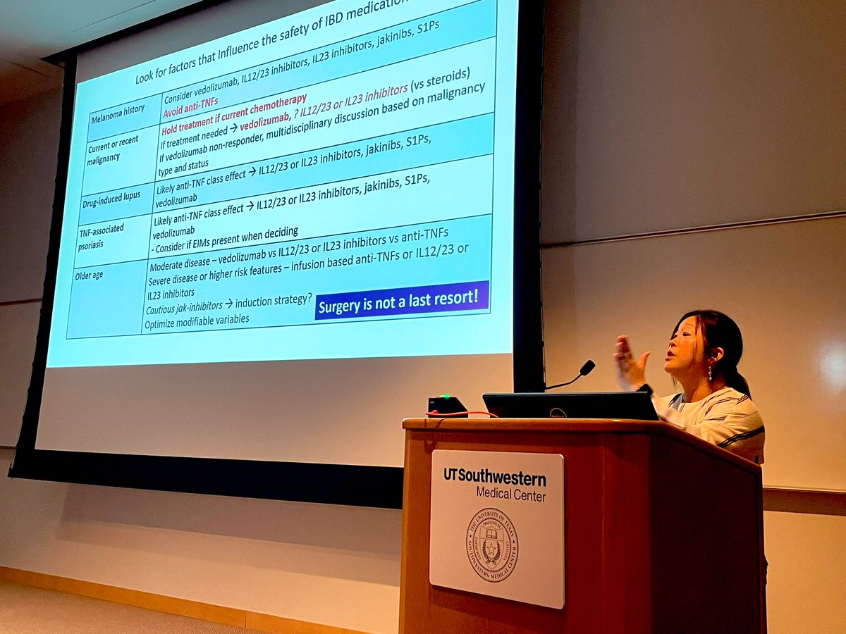 @tinahamd at What’s New in GI 2024 @UTSWMedCenter teaching us how to assess a patient with #IBD ‘s risk and to match our therapy approach!