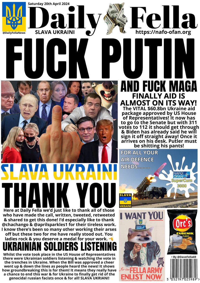 It’s a momentous day for Ukraine! Today is the day they win the war! Today’s Daily Fella could only be about one thing! US AID BILL HAS PASSED! Thank you @chachango & @aprilsparkles1 you ladies rock! #SLAVAUKRAINI #DailyFella #DailyFellaNews #NAFO