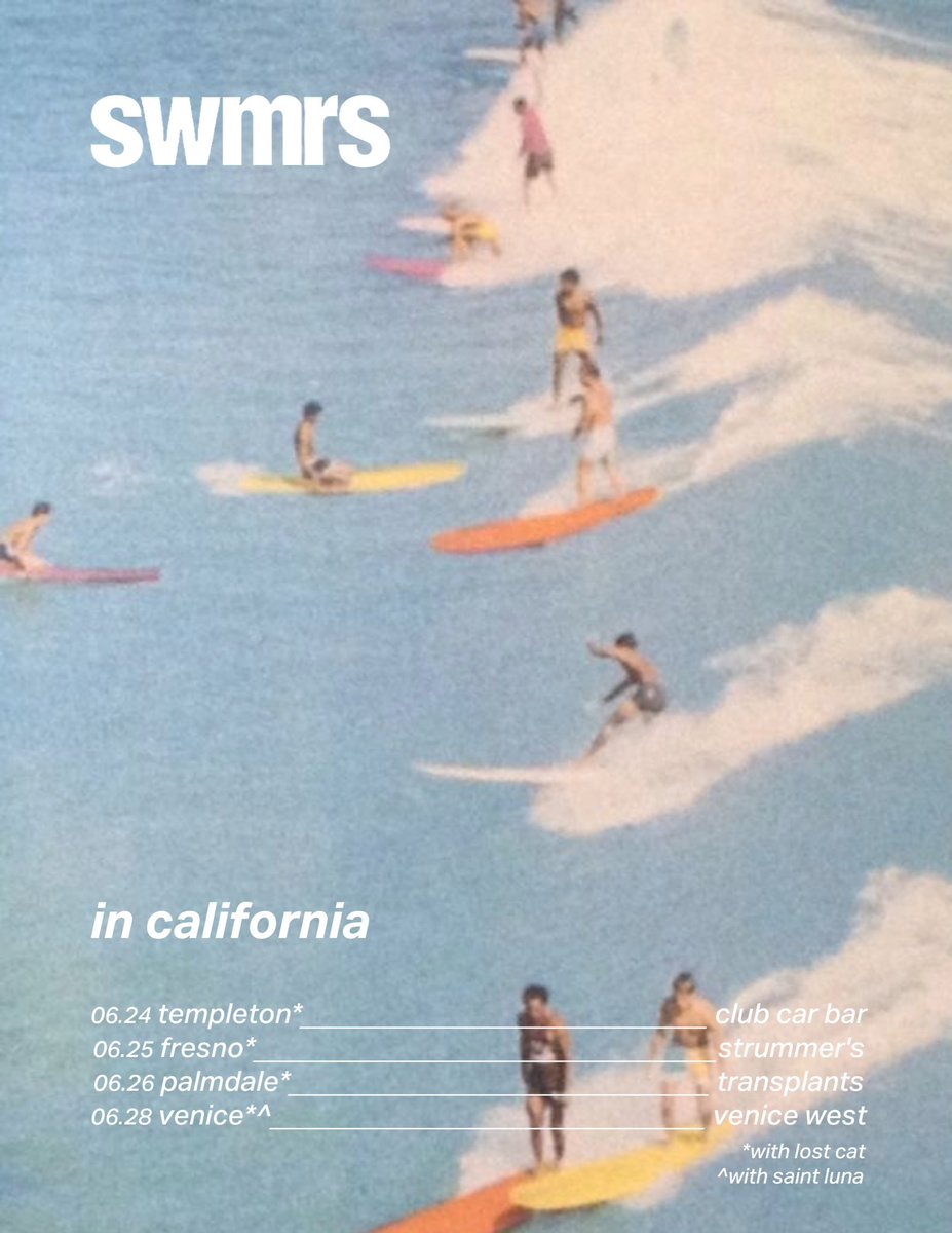 Numbskull Shows (@numbskullshows) on Twitter photo We are thrilled to announce <a href="/swmrs/">SWMRS</a> plus Lost Cat
6/24 Club Car Bar Templeton
6/25 <a href="/StrummersFresno/">Strummer's</a>
6/26 <a href="/TransplantsBrew/">Transplants Brewing Company and Live Music Venue</a> Palmdale
All Ages. Tix numbskullshows.com We are thrilled to announce <a href="/swmrs/">SWMRS</a> plus Lost Cat
6/24 Club Car Bar Templeton
6/25 <a href="/StrummersFresno/">Strummer's</a>
6/26 <a href="/TransplantsBrew/">Transplants Brewing Company and Live Music Venue</a> Palmdale
All Ages. Tix numbskullshows.com