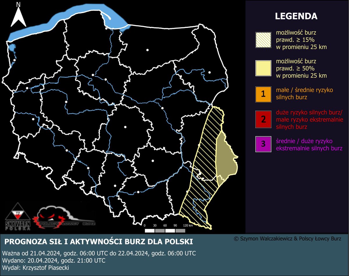 Jutro w godzinach popołudniowych na południowym wschodzie i wschodzie kraju, zwłaszcza w woj. lubelskim i częściowo podkarpackim, możliwy jest rozwój komórek opadowych lokalnie przynoszących także wyładowania atmosferyczne⚡️⚡️⚡️. W czasie burz prognozuje się wystąpienie