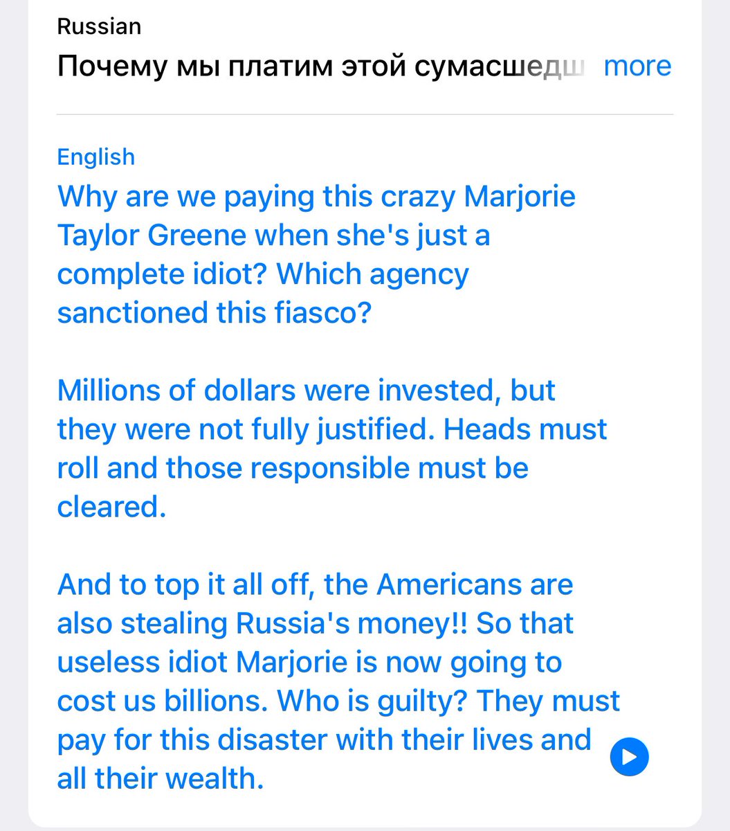 @RepMTG Marjorie, on Russian Telegram they’re calling you a “useless idiot”.