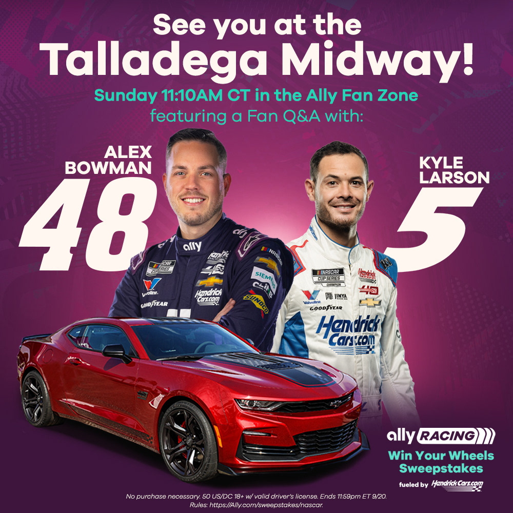 Two drivers.🏁🏁 Countless allies.🚗 Your questions answered in Talladega.😄 @Alex_Bowman and @KyleLarsonRacin will visit the Ally display in the @TALLADEGA fan zone tomorrow for a Q&A at 11:10 a.m. CT. Please note, schedules are subject to change.