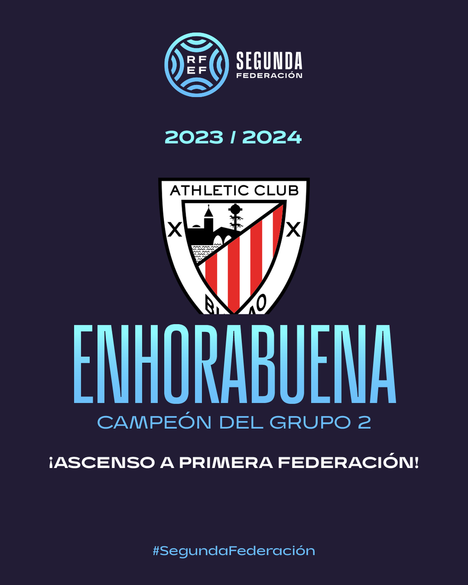 💫 Un año después... ❤️🤍 ¡𝗘𝗟 @AthleticClub '𝗕' 𝗥𝗘𝗚𝗥𝗘𝗦𝗔 𝗔 #PrimeraFederación! 𝗧𝗲𝗺𝗽𝗼𝗿𝗮𝗱𝗮 𝗲𝘀𝗽𝗲𝗰𝘁𝗮𝗰𝘂𝗹𝗮𝗿 del conjunto de Carlos Gurpegui: 76 puntos, 23 victorias, 60 goles a favor y sólo 16 en contra. 👏 ¡𝗘𝗡𝗛𝗢𝗥𝗔𝗕𝗨𝗘𝗡𝗔, 𝗖𝗔𝗠𝗣𝗘𝗢𝗡𝗘𝗦!