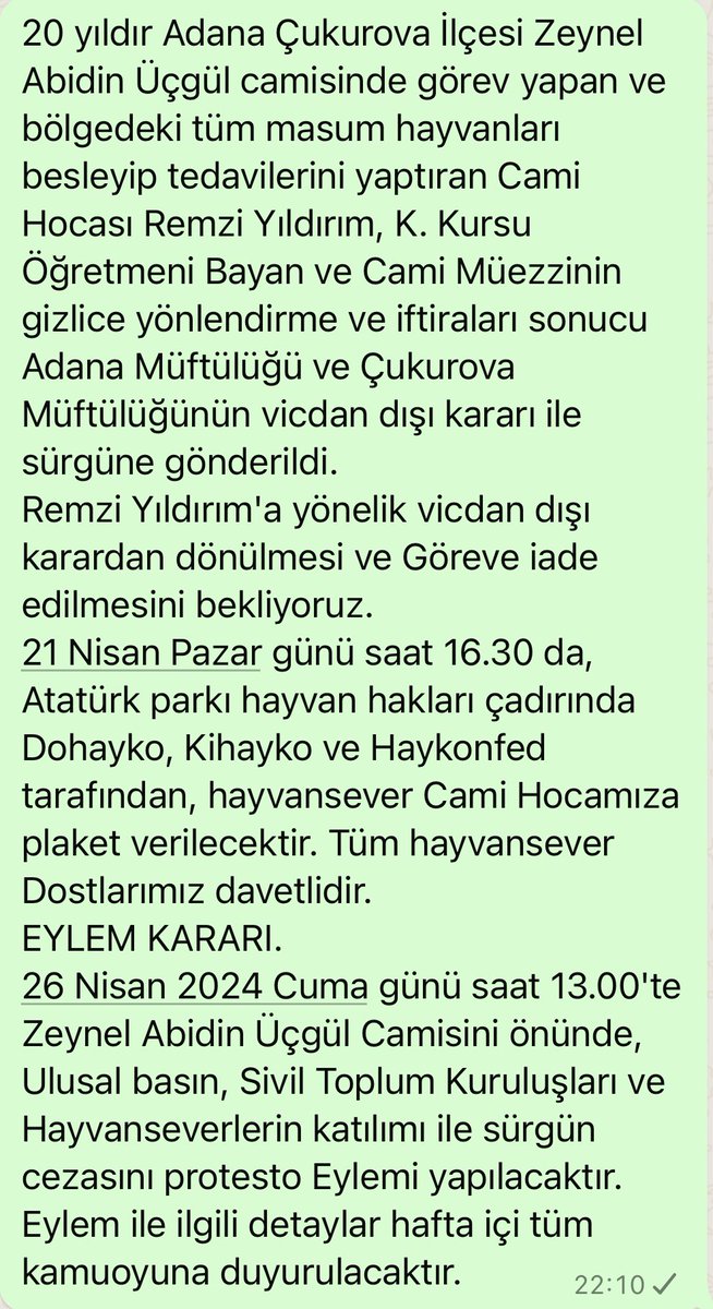 Tek suçu sokaktaki hayvanları beslemek olan Hocamız bir kumpas sonucu sürgün edilmiştir, Ülkemizde hayvanlarla birlikte hayvan sever kıyımına da izin vermeyelim, yarın Adana’da olanlar ve gitme imkanı olanlar, Hocamızı yalnız bırakmasın🐶🐈🦜🦔🐿️🐾 #SokakHayvanlarıSahipsizDeğil