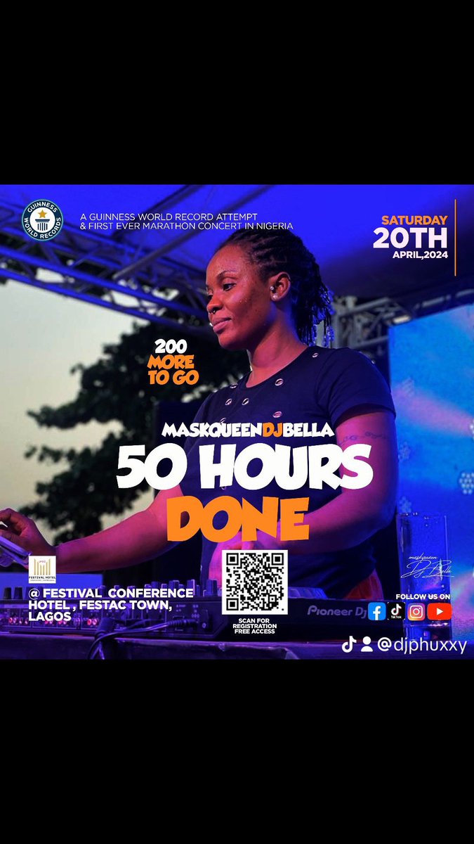 #maskqueendjbella 
#250hours 
#MarathonconcertinNigeria 
#djliveconcert 
#officialattempt
#guinessworldrecords
#maskqueengwr
#festivalhotellagos
#premiumswisshospitality