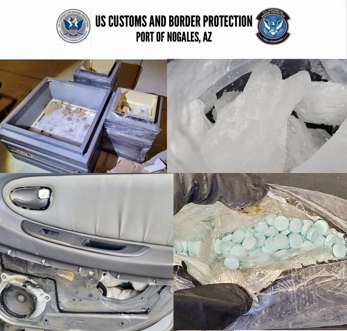4/9: CBP officers at the Nogales POE seized approximately 117,675 fentanyl pills and 19.15 pounds meth in doors and panels of a vehicle 4/11: Officers discovered 100 pounds meth hidden in new furniture. Both drivers were taken into custody and will be detained for prosecution.