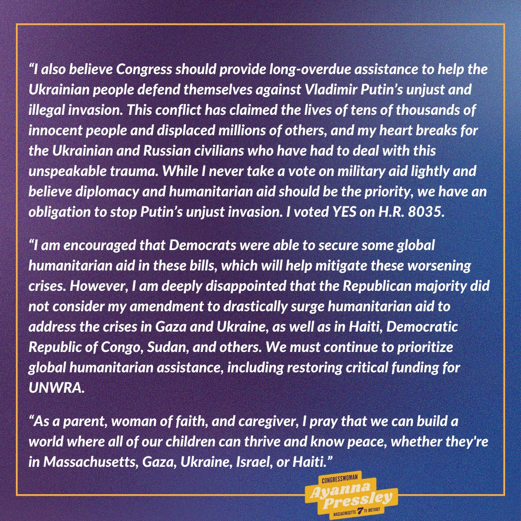 ⁨The US should not be sending more offensive weapons to an Israeli government that has operated with callous disregard for human life. We need to save lives, promote de-escalation & advance peace across the globe. My full statement on the Israel & Ukraine military aid bills:⁩