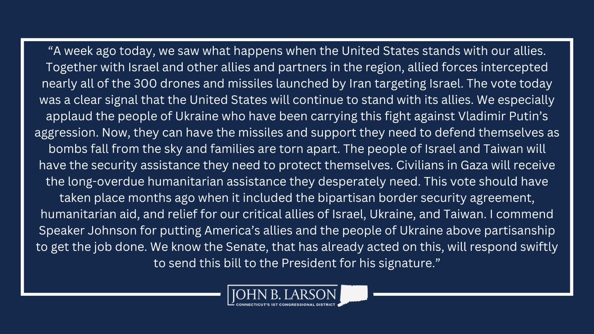 Today's vote was a clear signal that the United States will continue to stand with its allies. Now, the people of Ukraine can have the missiles and support they need to defend themselves as bombs continue to fall from the sky and families are torn apart. Read my full statement⬇️