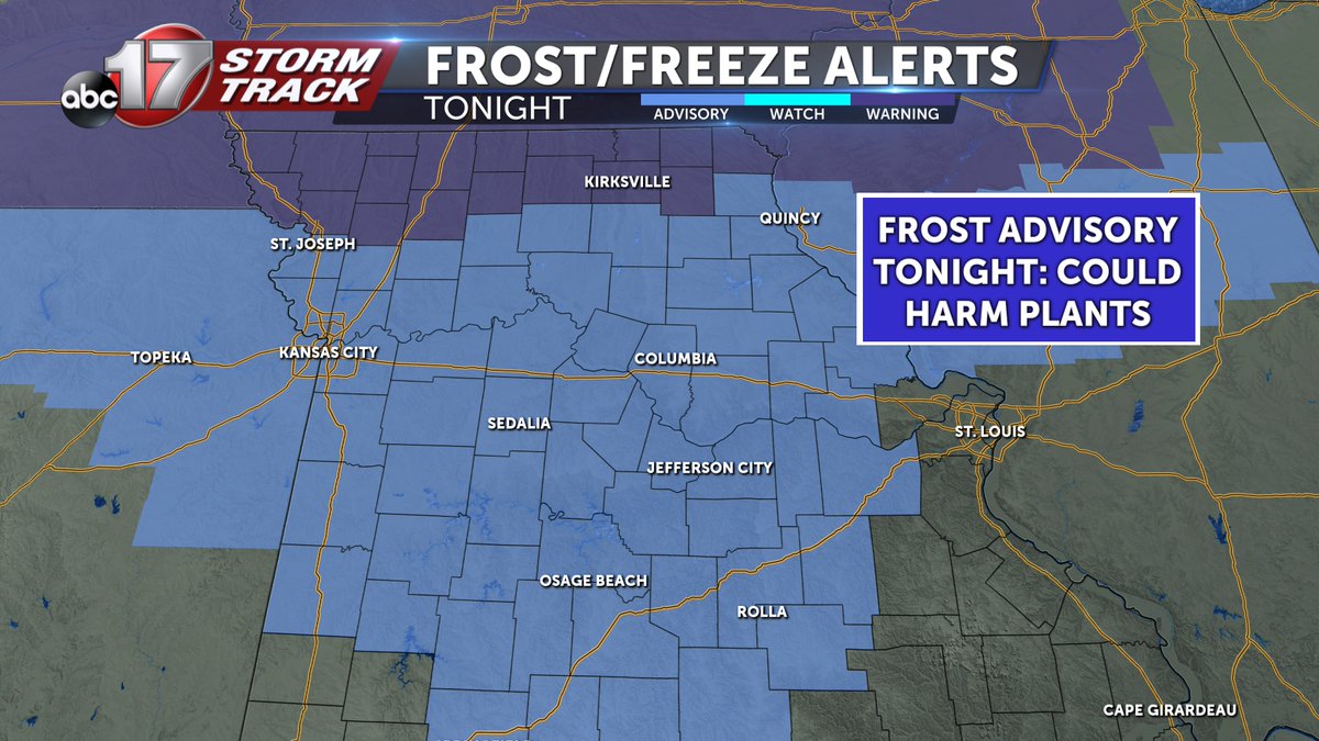 A cool night is expected as temperatures fall into the low to mid 30s. This is why a frost advisory is in effect for much of central Missouri. If you have any plants sensitive to this cold, make sure to bring them inside before heading to bed! 
#midmowx #CoMo #JCMO