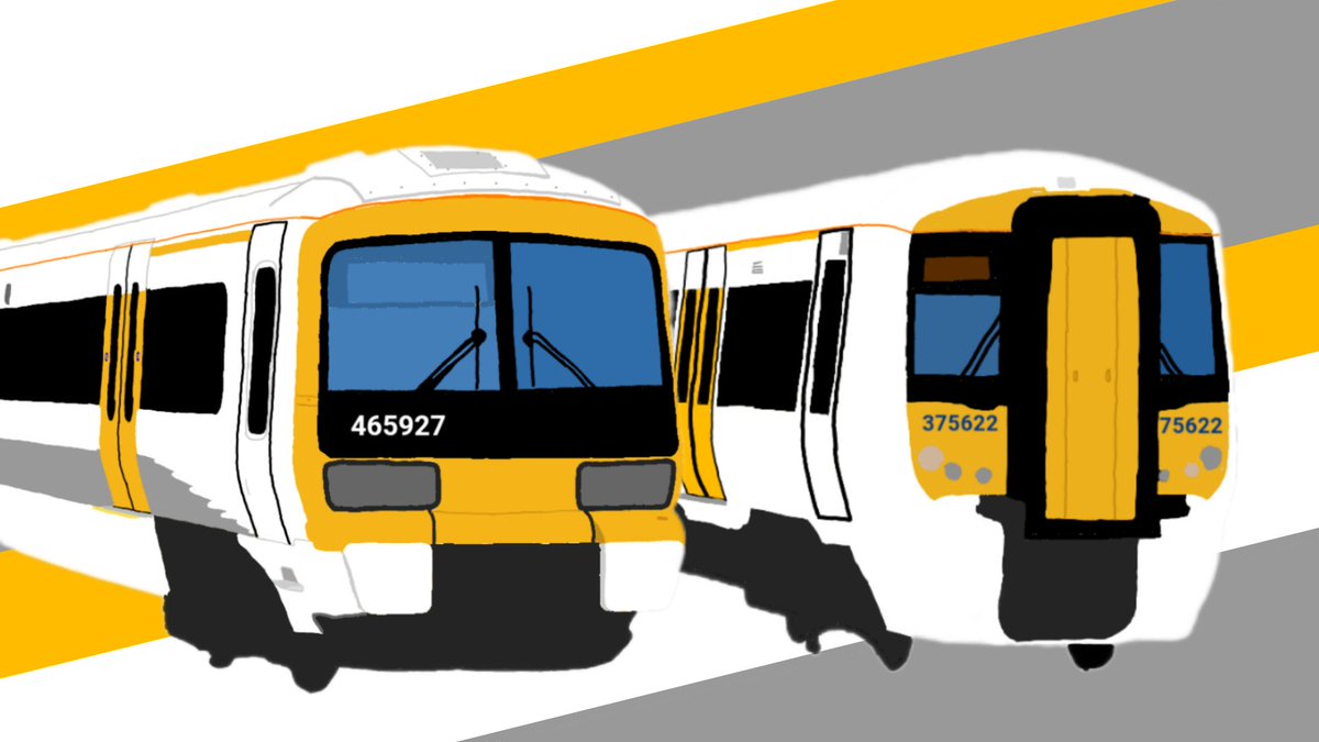 My drawing of the classic Southeastern Yellow door livery on a 465 Networker and 375 Electrostar