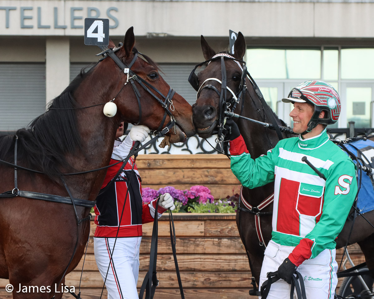 Handlelikeaporsche & Voukefalas give each other a kiss after their Deadheat in the NJ Breeders Maturity @TheMeadowlands @JessicaOtten1 @DaveLittleBigM #harnessracing #PlayBigM @Dexterdunn1 @stratton_racing @Russo_Stable