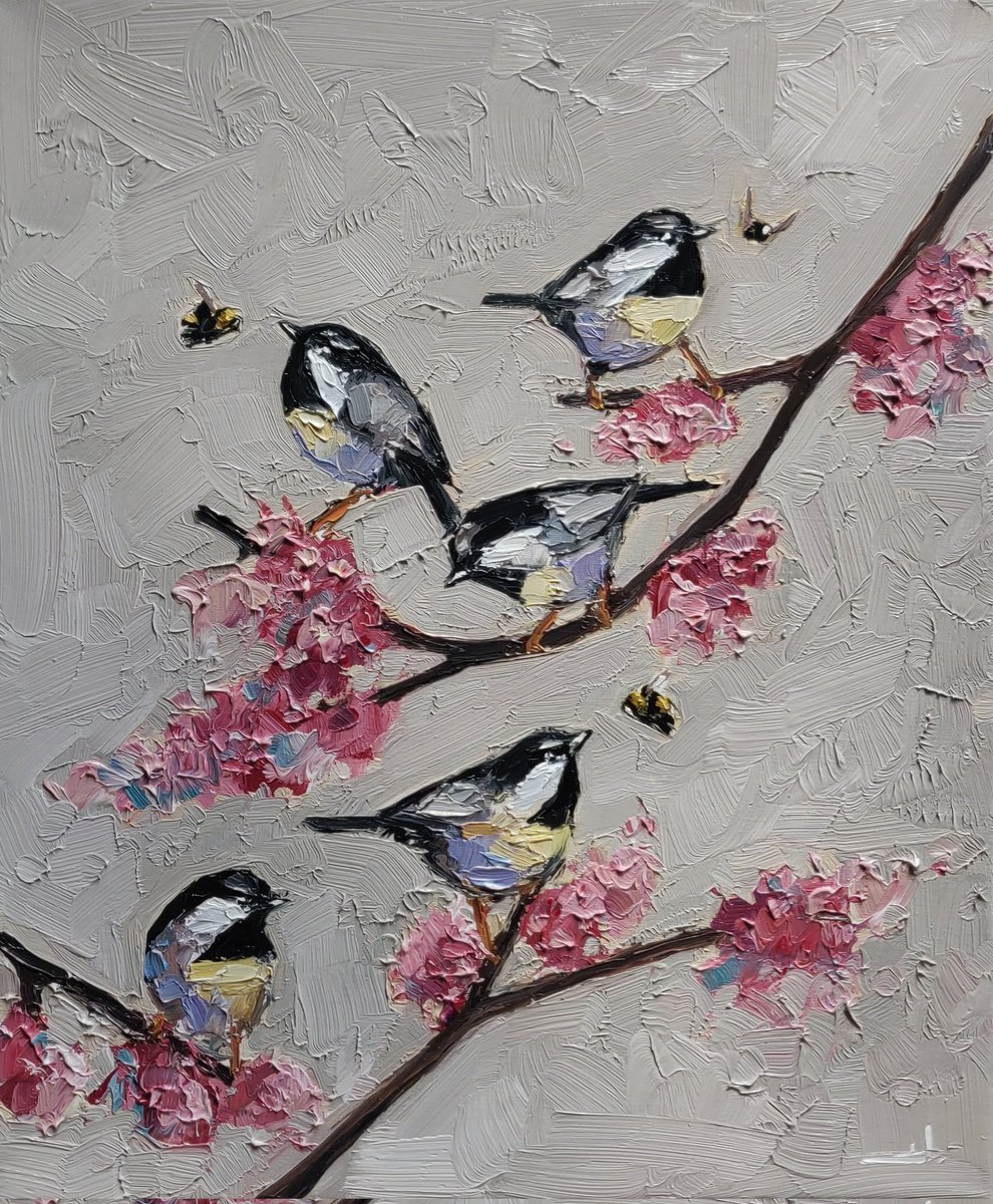 Coal Tit Birds 
18 x 24 inches 
Oil on Stretched Canvas 

Available 
#cherryblossom 
#oilpainting #artcollector #impressionism #artlover #paintings #birds #spring #interiordesign  #coaltit #chickadee