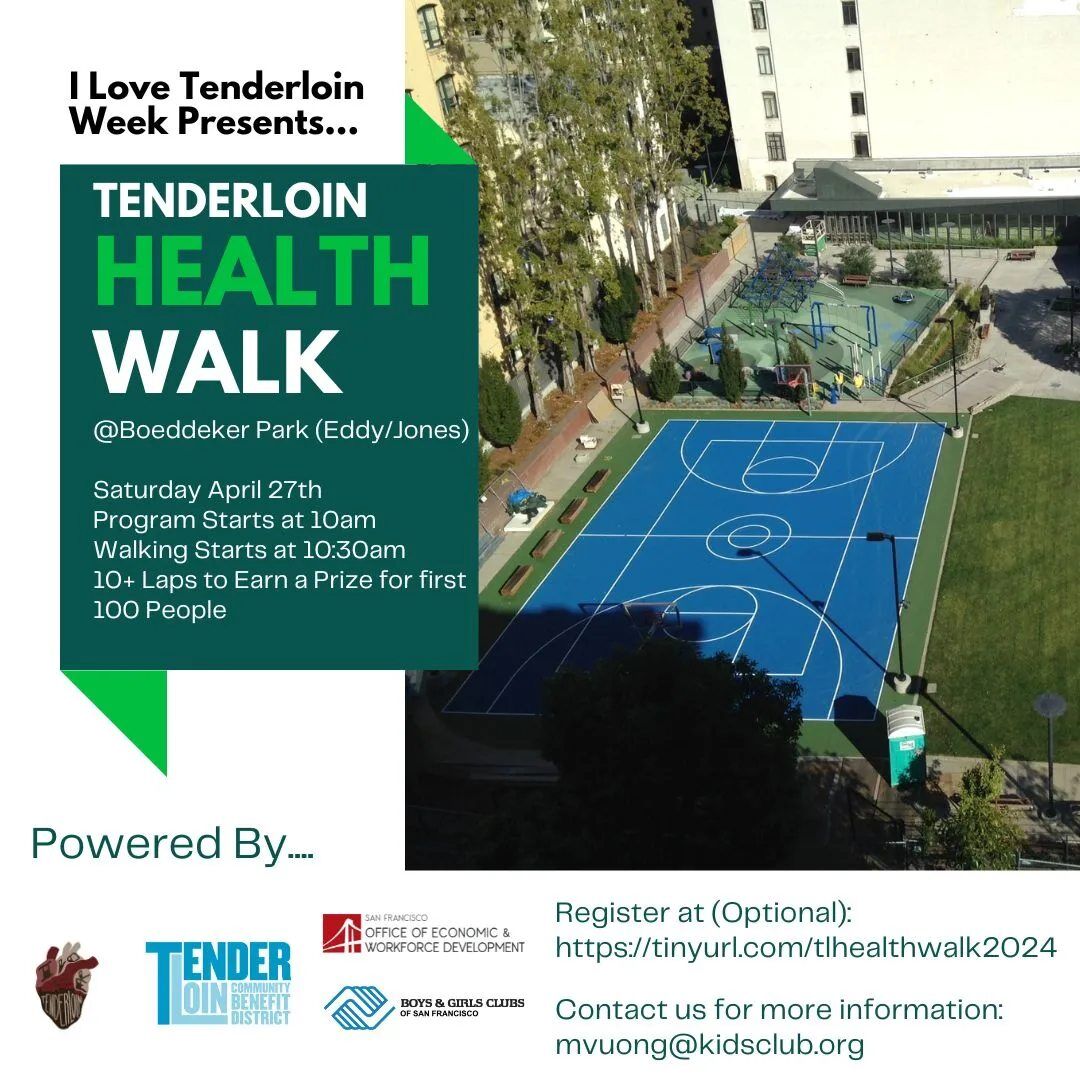 Walk for wellness during the Tenderloin Health Walk with the us, April 27, 9am-12pm, starting at 246 Eddy Street. A fun, easy walk suitable for all ages to build and foster a healthy lifestyle—not to mention all finishers will receive a swag bag! forms.gle/r4dHPUVWsqYL9c…