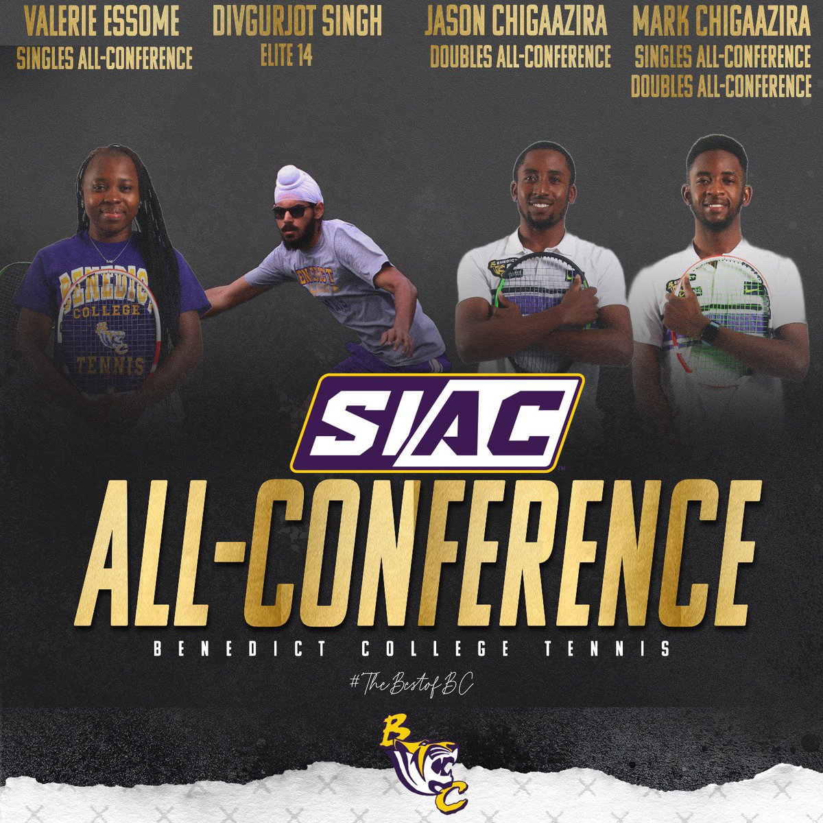 Congratulations!! Your 2024 SIAC All-CONFERENCE Team!! Mark Chigaazira Jason Chigaazira Divgurjot Singh Valerie Essome @theSIAC /| @benedictcollegetennis /| #thebestofbc