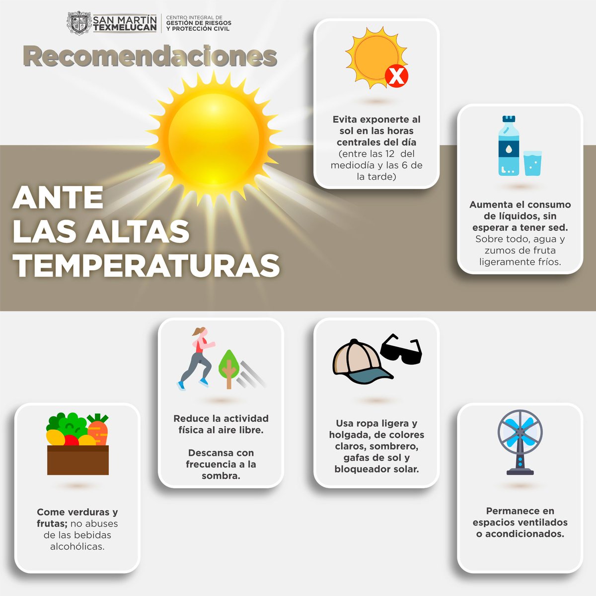 Ante las altas temperaturas ☀️, es importante tomar medidas para cuidar nuestra salud. Recuerda mantenerte hidratado y aplicar protector solar. #SanMartínTexmelucan