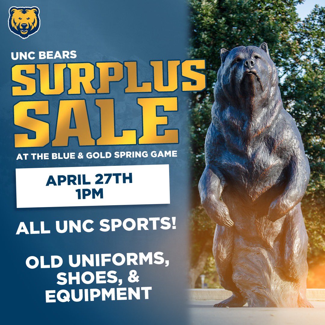 1 WEEK AWAY from our Blue & Gold spring game! 🔵 Surplus Sale - old uniforms, equipment, shoes & more! 🔵 Coach Experience Giveaway 🔗: uncbears.com/sb_output.aspx… Sign up now for a chance to win the coach experience! Winner will be announced at spring game! #GetUpGreeley