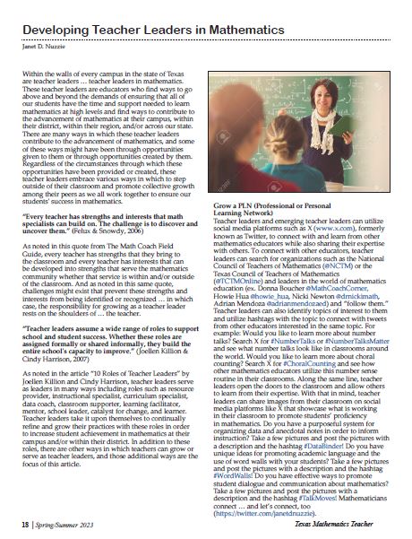 Woohoo! It was an honor to have my article, 'Developing Teacher Leaders in Mathematics', published in  @TCTMOnline's Texas Mathematics Teacher! Every teacher has strengths & we must amplify & build upon their expertise! Mathematicians learn & grow together! #ElemMathChat #MTBoS