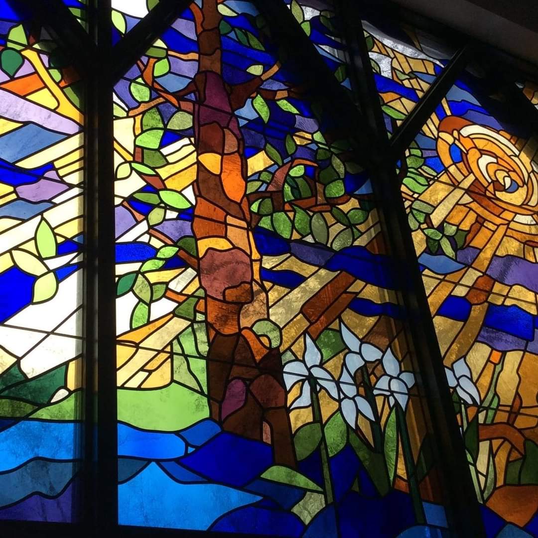 Church on the Way #Shoreview #Minnesota 
Creation Window in narthex. Commissioned by Jack Allison family. Reflects hymn, 'This is my Father's World.'
The morning light. The lilies white. The rocks and trees. The skies, stars and seas.
#stainedglassSaturday 
#Presbyterian #pcusa