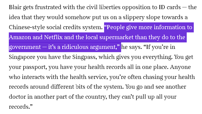 What's also ridiculous is Blair's fallacious argument re: people give more info to Amazon & Netflix. There's a BIG difference between the nature & purpose of these types of data collection. FYI Tony, just because Singapore have SingPass, doesn't mean WE want it.