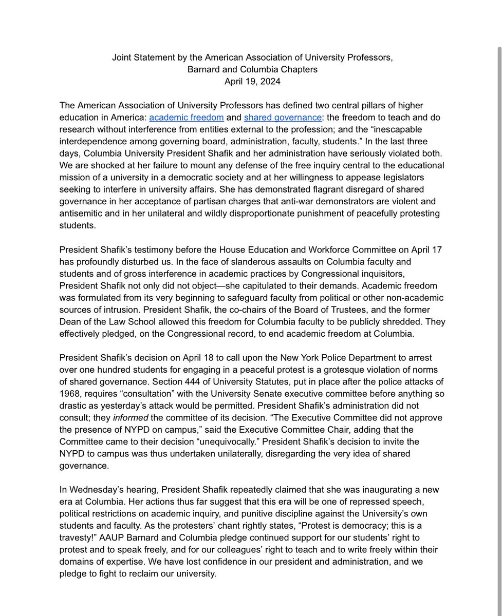 Statement of the Barnard-Columbia chapters of the AAUP regarding the mass arrest of peacefully protesting students: “We have lost confidence in our president and administration, and we pledge to reclaim our university.”