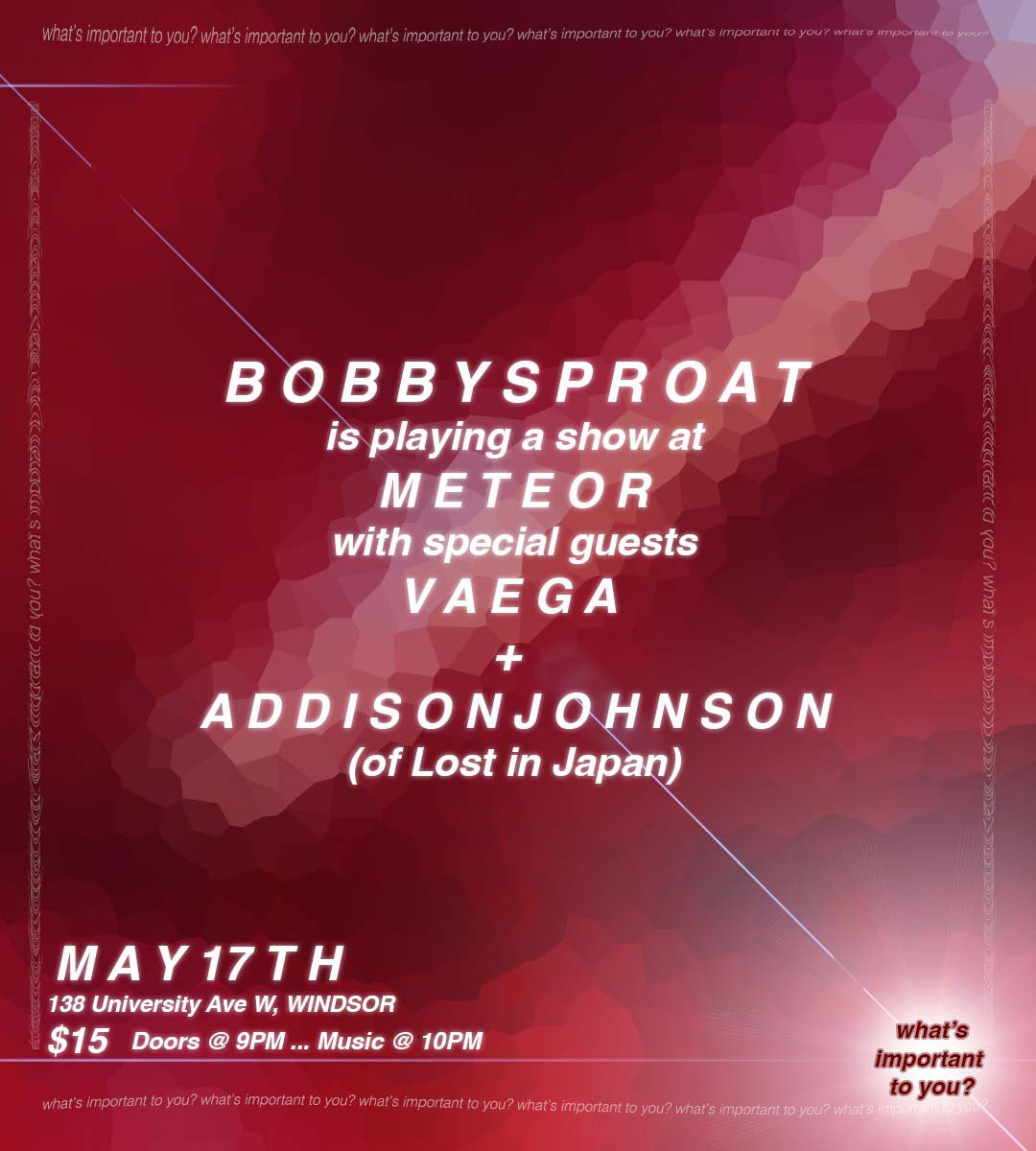 BobbySproat's tweet photo. Hey 2024.👋🏻 First tweet of the year almost five months into the year 🥲

I’m playing my next show on May 17th at Meteor in Windsor 🗓️

Very excited to be sharing the stage w/ my new friends Vaega (making their Windsor debut) &amp; Addison Johnson! 

Stay the course &amp; see you there 🤘🏻 https://t.co/GbmGosRvDV