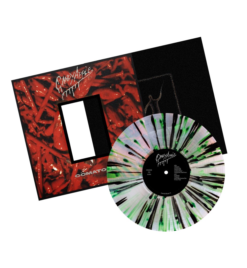 Candy Apple “Comatose” sleeves are die cut with fold out insert. Down to 5 copies on clearance with green and black splatter (out of 100) - grab a copy at convulserecords.com