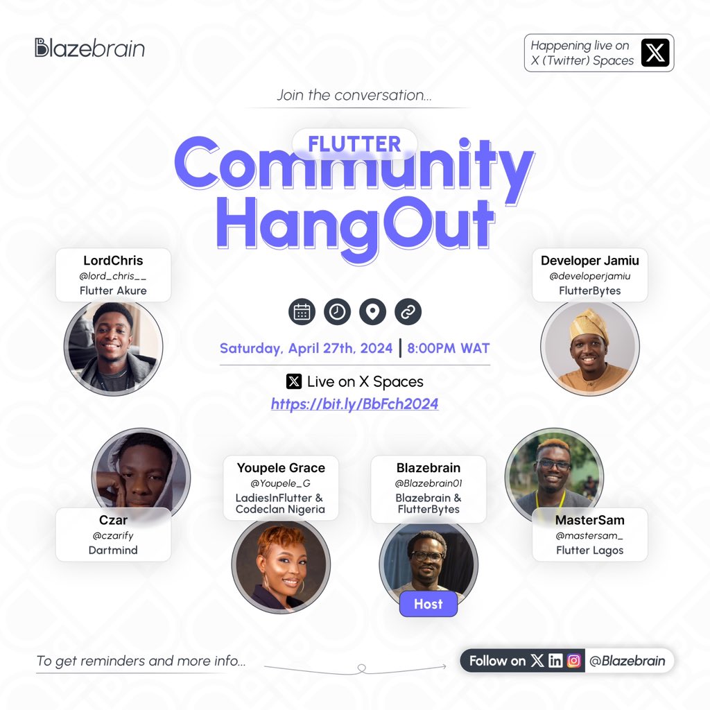 Blazebrain01's tweet photo. Hey flutter developers,

The "Flutter Community Hangout AMA” is a live Twitter space hosted by Blazebrain featuring a panel of leaders from different Flutter communities, this event aims to help developers:

- Enhance their Flutter skills with expert insights on various topics.

- Connect and build relationships with other Flutter developers.

- Expand their knowledge and receive answers to pressing questions.

- Network and grow their developer circle. 

Mark your calendars and edit your reminders for April 27th to join this exciting exploration of Flutter.

#flutter #flutterdev #flutterflutter #Bitcoin