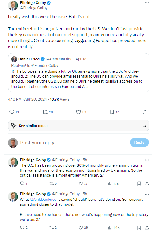 Another disturbing case of bad faith commentary by Elbridge Colby regarding European vs. U.S. security assistance to Ukraine. My corrections to every claim he made in his post: 1-- 'entire effort organized and run by the U.S.' -- No, it's not. The main coordination effort is