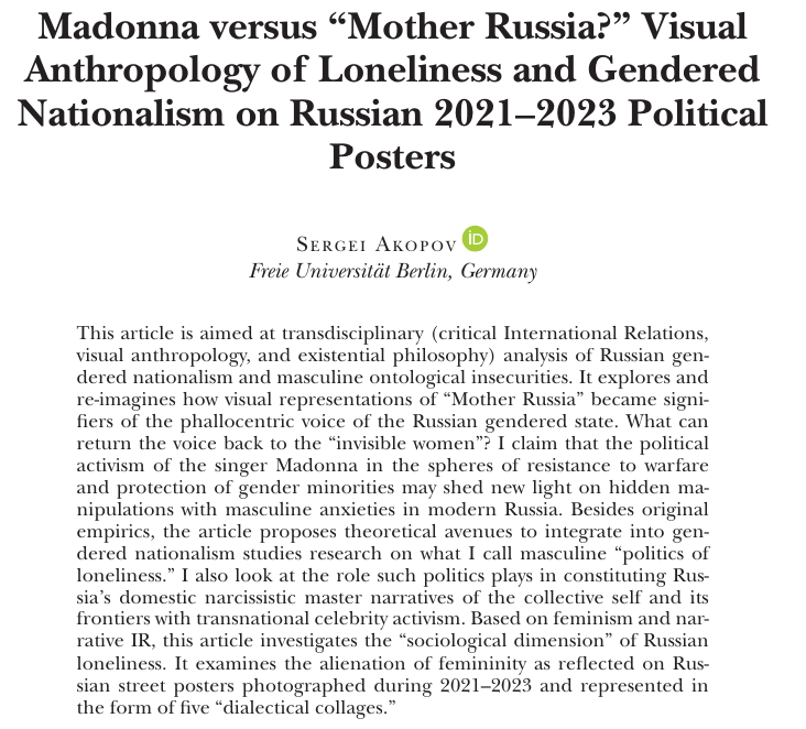 INTPOLITSOCIO's tweet image. 🧐Interested in masculine "politics of loneliness" and gendered nationalisms in IR?

👌Then, take a look at this excellent analysis of Akopov on Mother Russia's visual representations between 2021 &amp;amp; 2023👇

academic.oup.com/ips/article-ab…